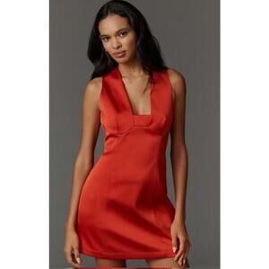 Anthropologie NWT Red Satin Square Neck Mini Dress Size 8